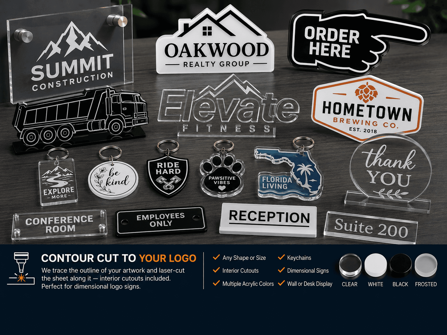 Contour-cut acrylic signs and keychains — logos, dimensional signs, and office plaques cut to shape by Print Habit