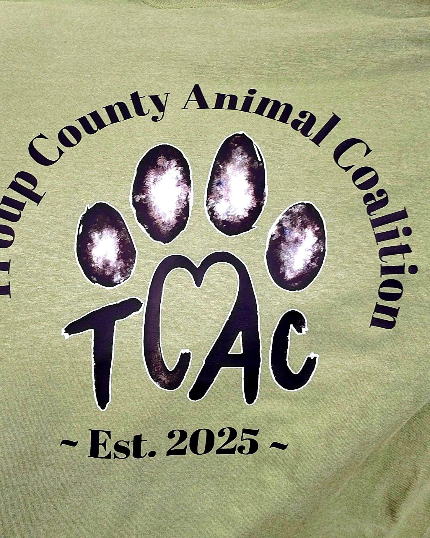 One-color circular logo printed on a sage green t-shirt
