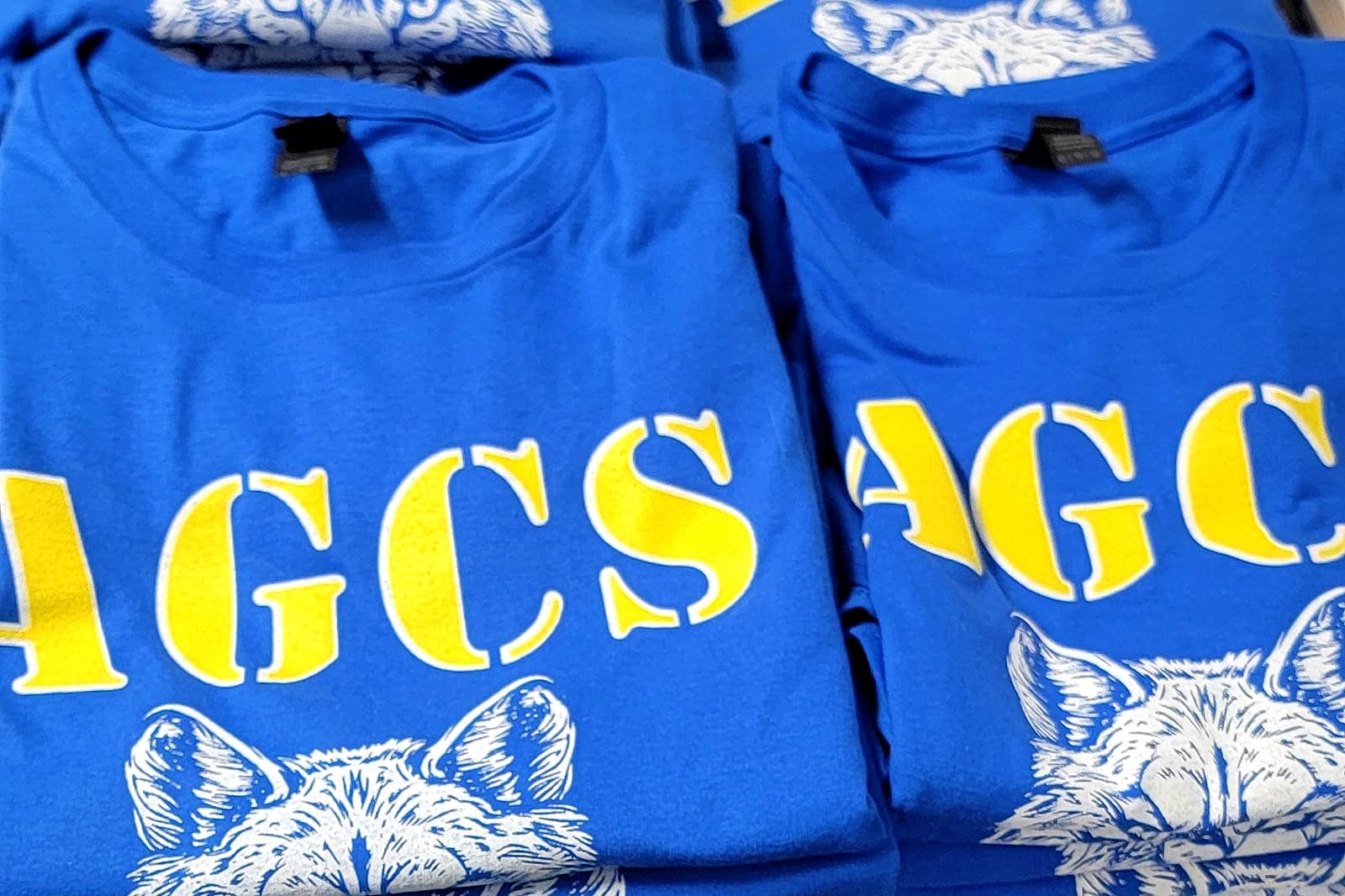 Stack of finished royal blue team t-shirts with a two-color print