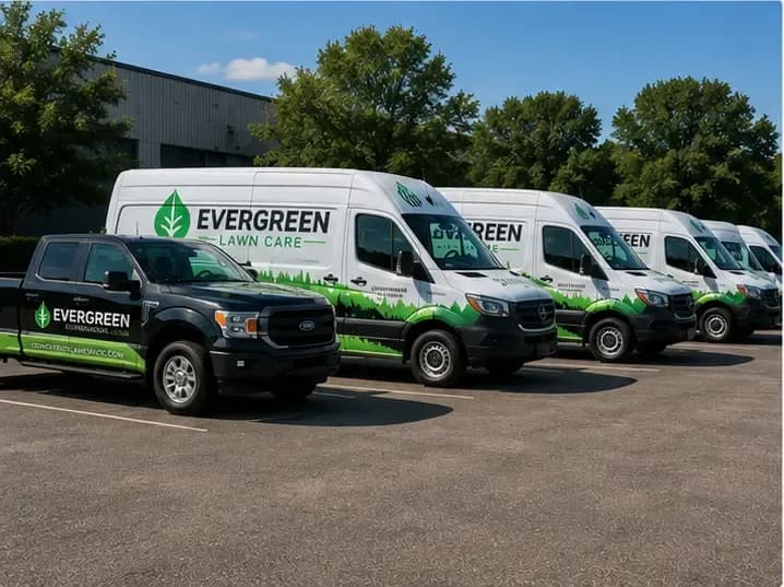 Row of matching branded vans and trucks in a company fleet