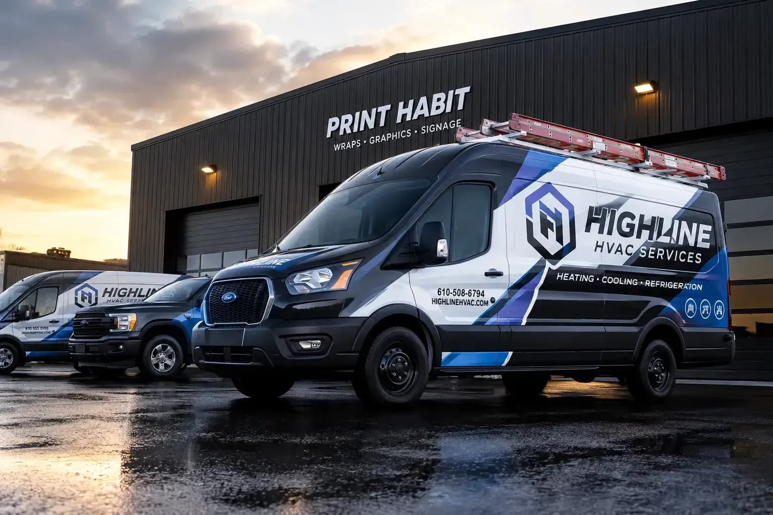 Wrapped HVAC service fleet parked in front of the Print Habit shop at dusk