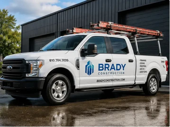 Work pickup with cut-vinyl door lettering and contact info