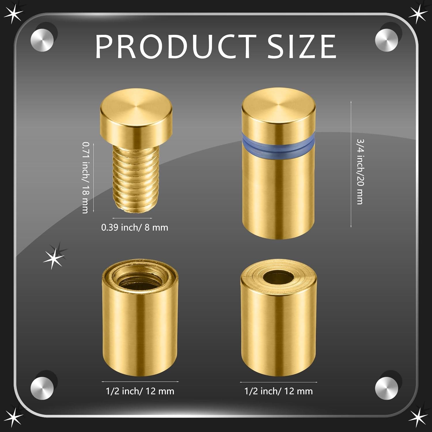 Gold sign standoffs — ½″ × ¾″