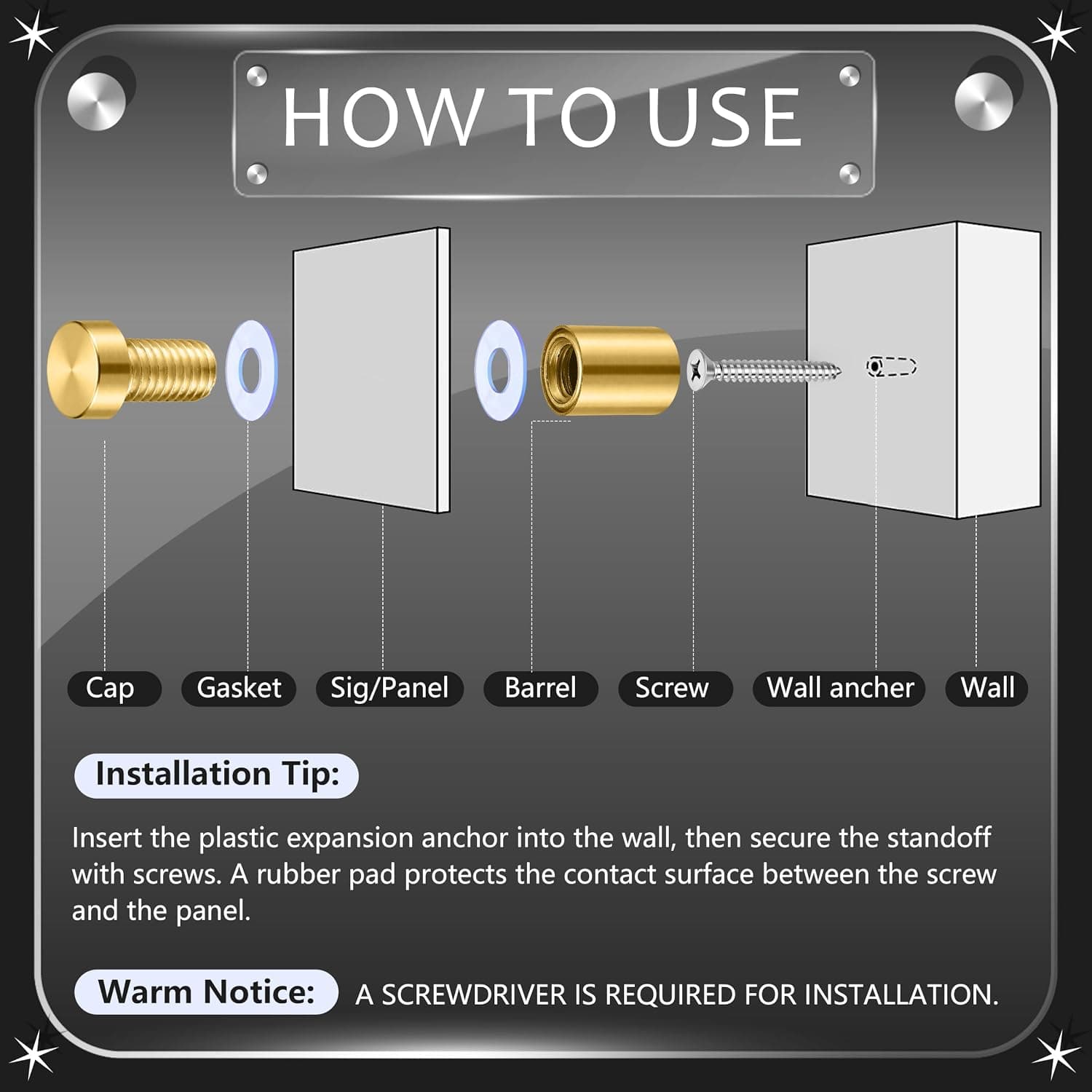 Gold sign standoffs — ½″ × ¾″