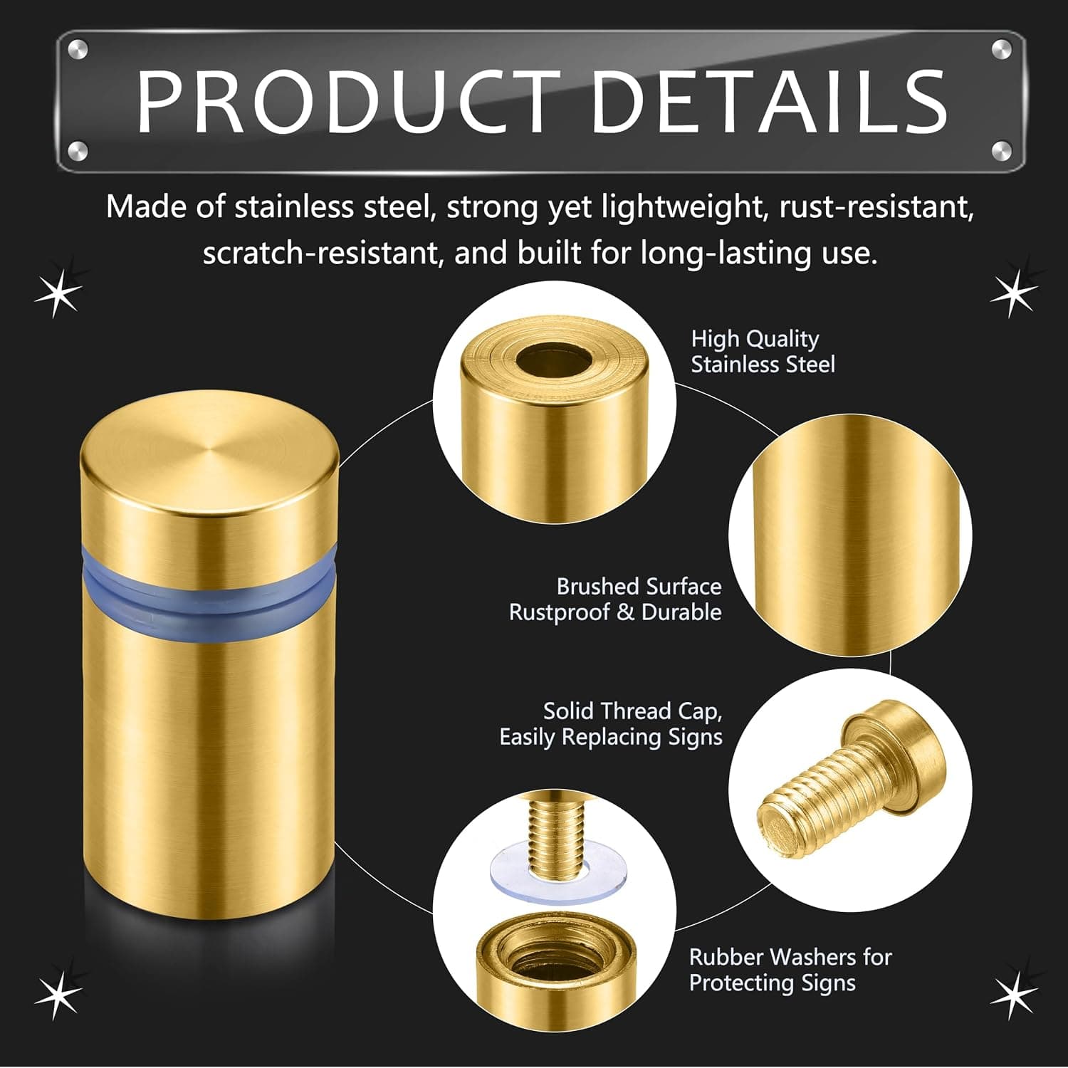 Gold sign standoffs — ½″ × ¾″
