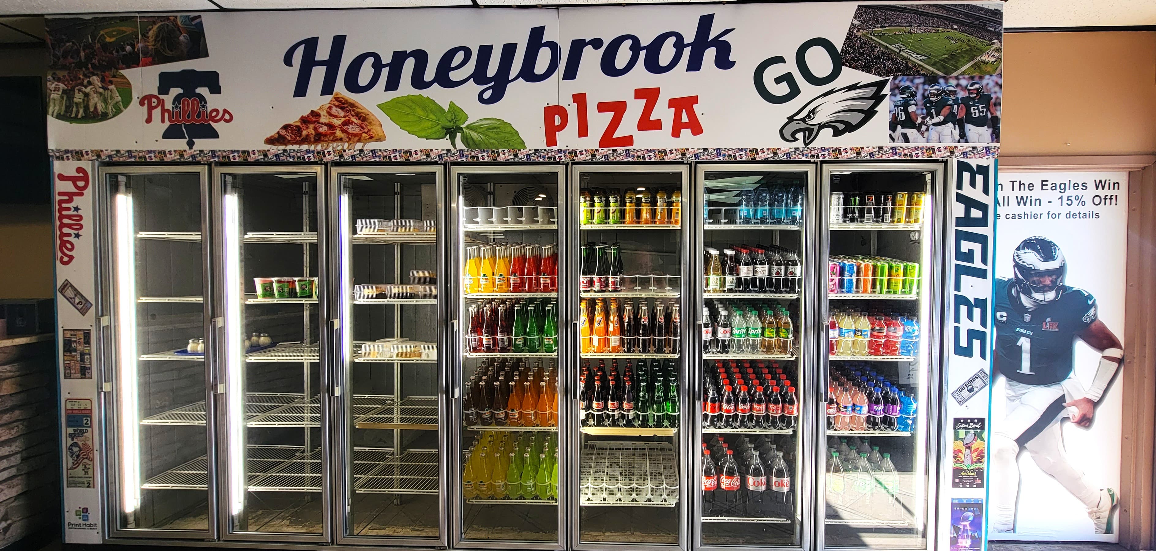 Huge custom Phillies and Eagles sports-themed cooler surround wrap for Honey Brook Pizza by Print Habit, Honey Brook PA