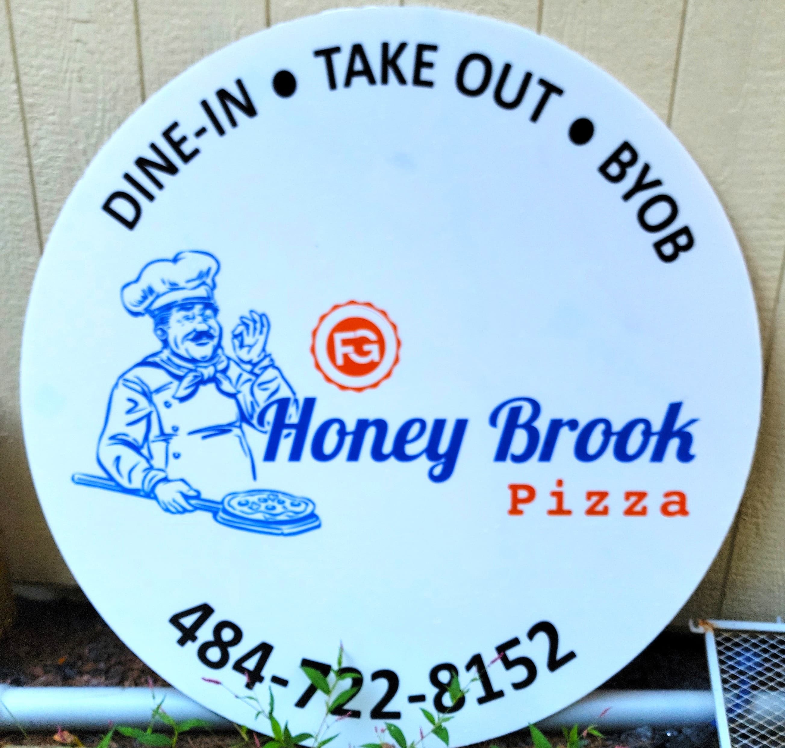 Custom round Honey Brook Pizza sign panel by Print Habit