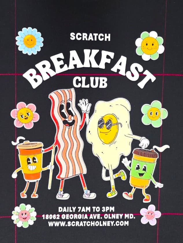 Scratch Breakfast Club retro-character full-color DTF brand print on a black t-shirt — Print Habit, Coatesville PA