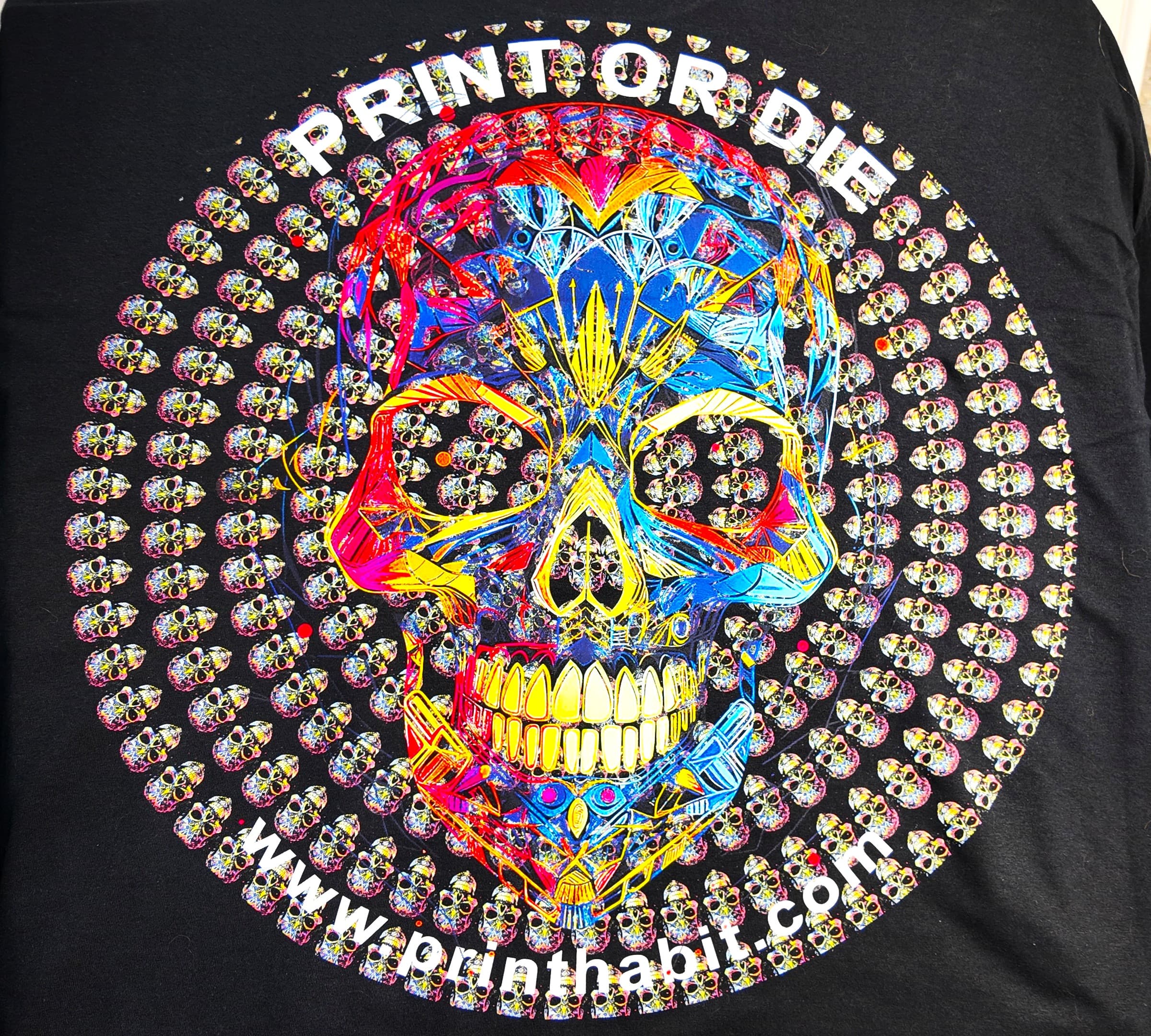 Vibrant 'PRINT OR DIE' sugar-skull full-color DTF print on a black t-shirt by Print Habit, Coatesville PA