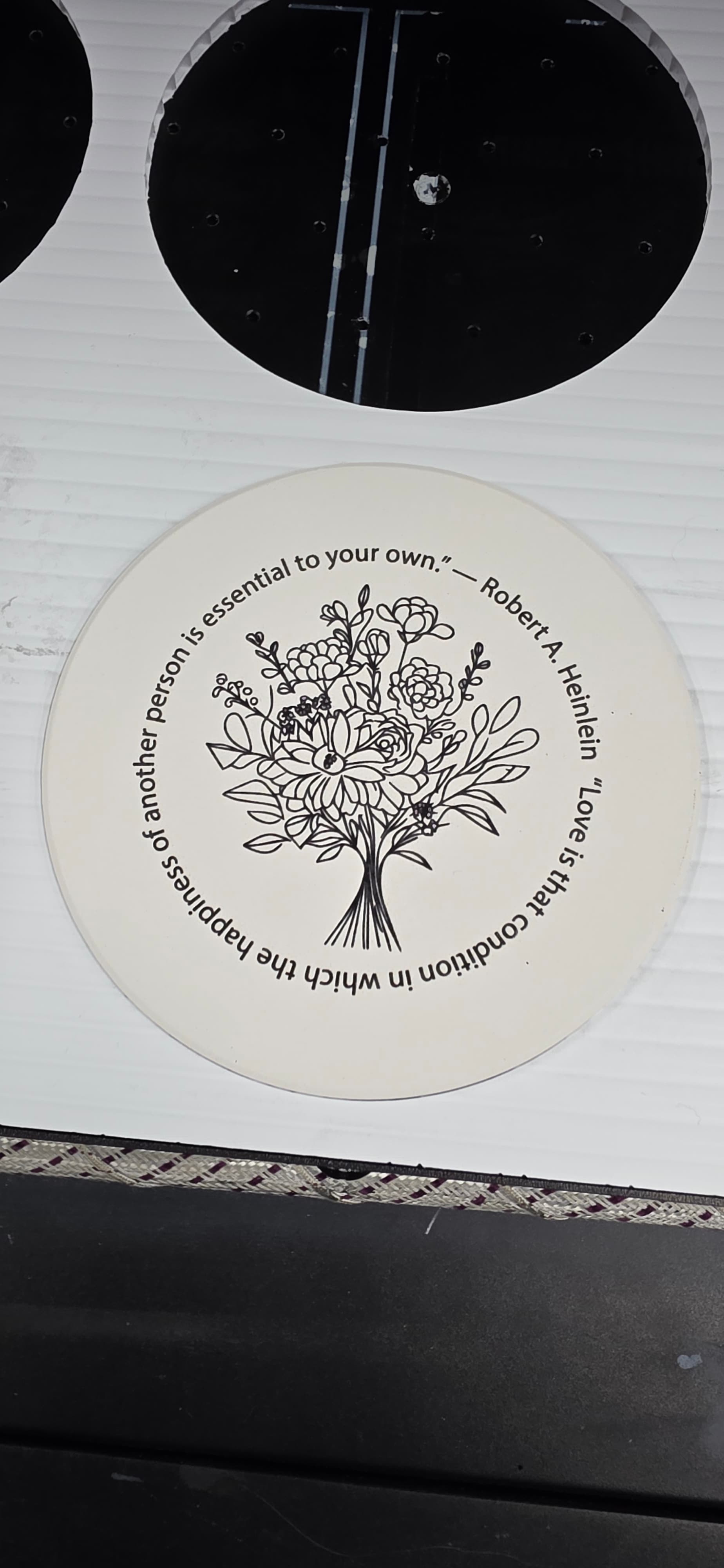 Custom UV-printed round disc with fine-line floral art and quote by Print Habit