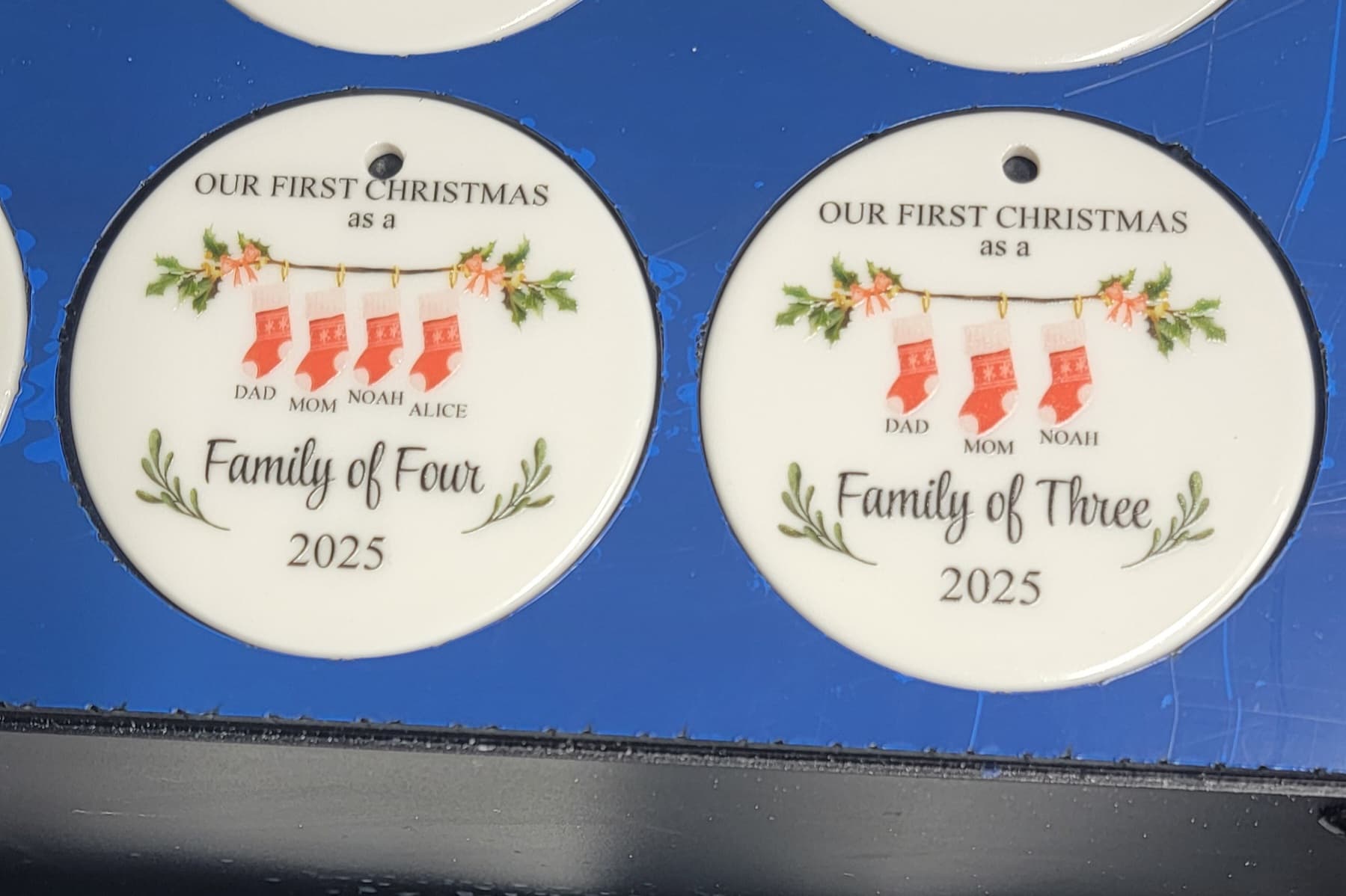 Custom UV-printed personalized family Christmas ornaments by Print Habit