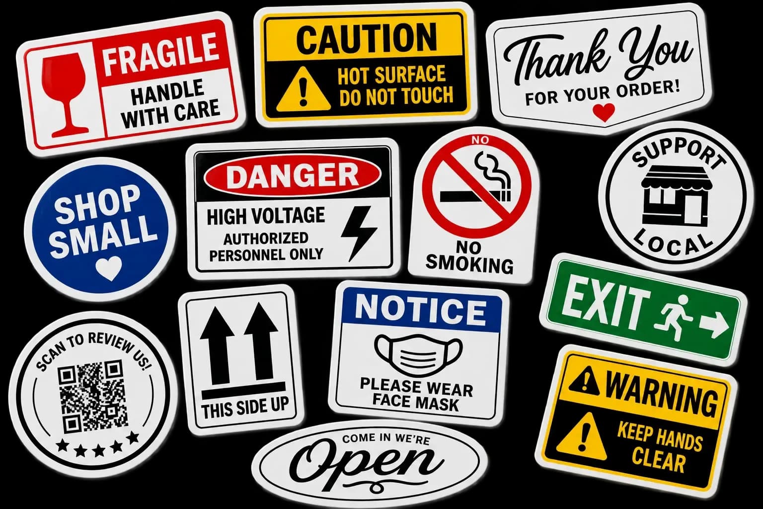 Assorted die-cut vinyl stickers — safety labels, thank-you and shop-local decals — printed by Print Habit
