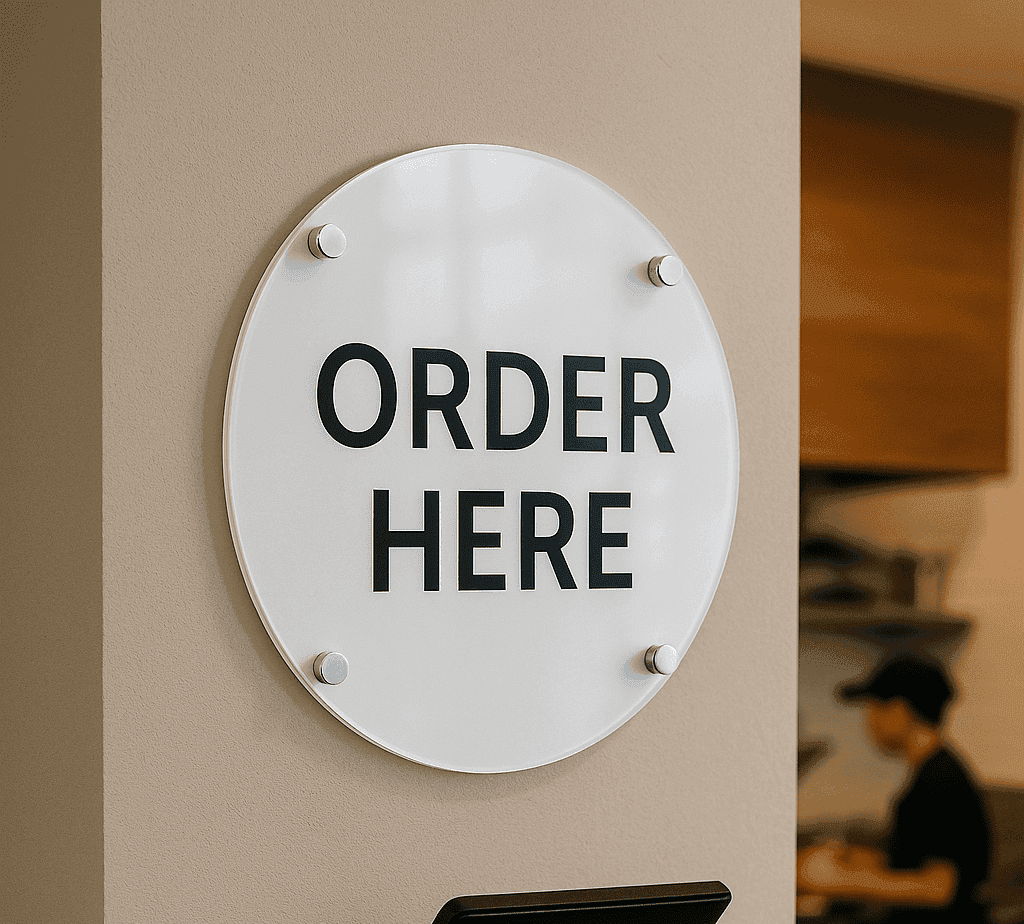 UV-printed acrylic order-here sign