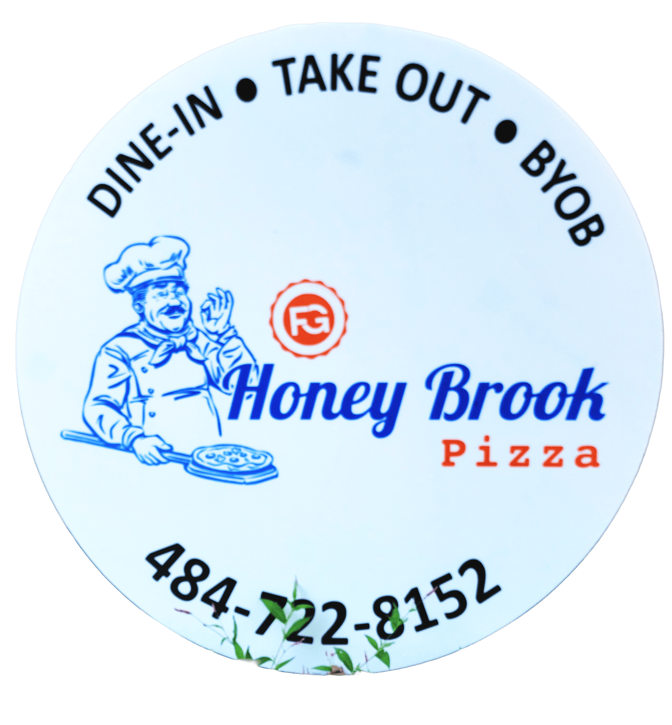 48-inch round acrylic sign for Honey Brook Pizza — large-format panel cut from a full sheet