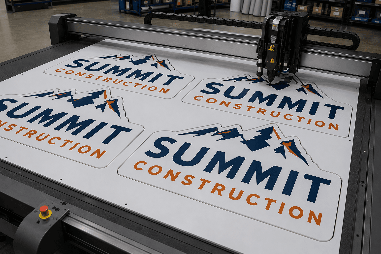 Logo sign panels being contour-cut to shape on the flatbed cutter