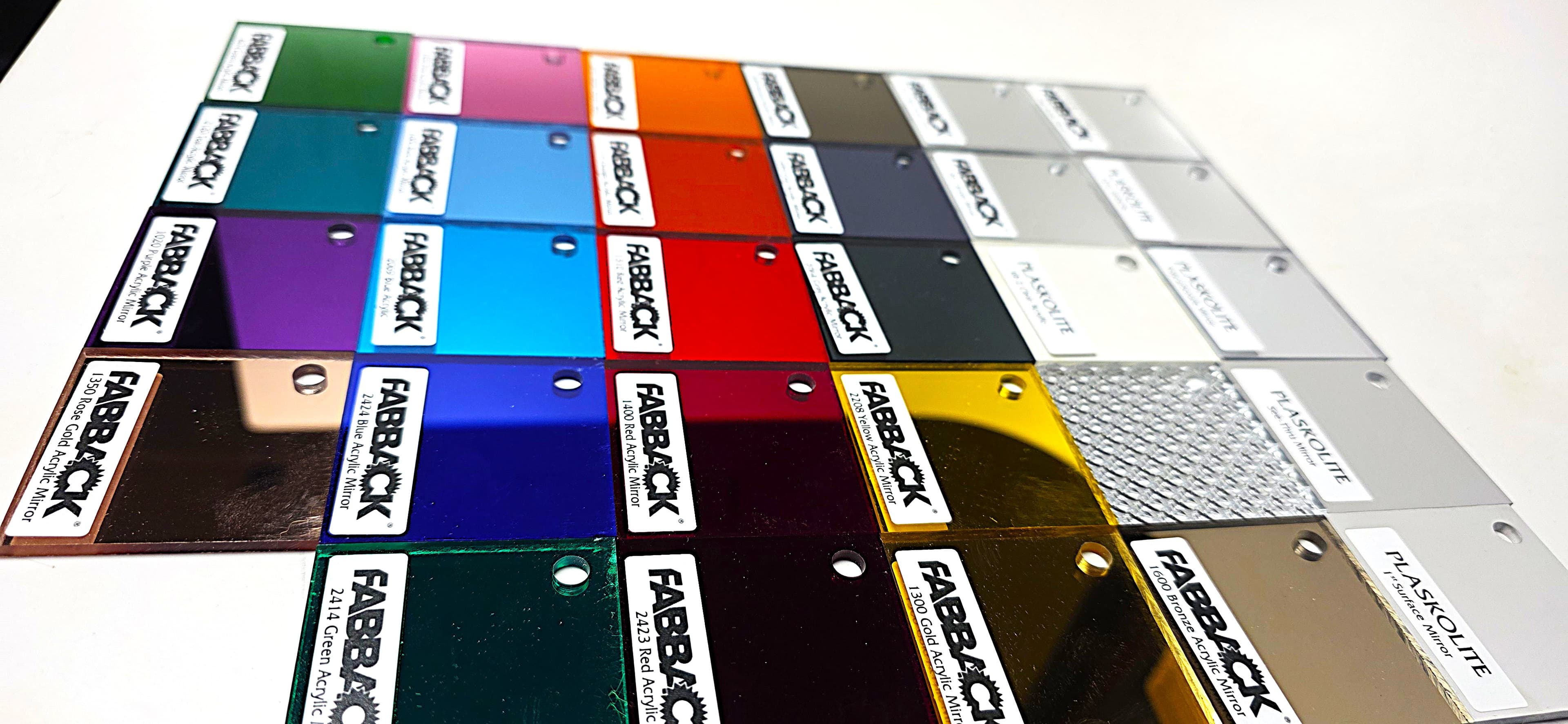 Fabback mirrored acrylic sample board — gold, rose gold, blue, red, purple, teal, and more mirror colors