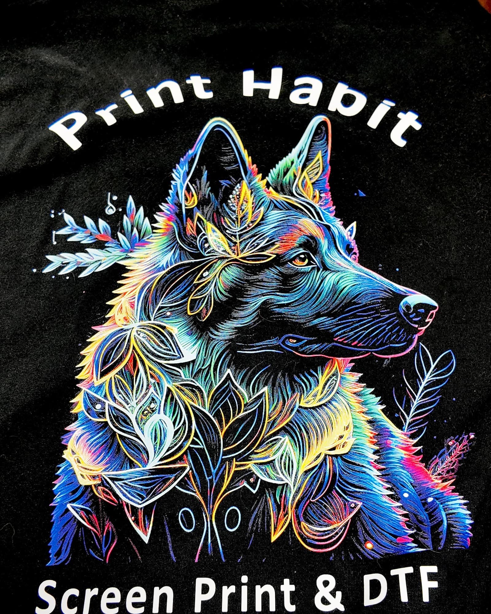 Black t-shirt with a full-color wolf design and Print Habit lettering, printed in-house in Coatesville, PA