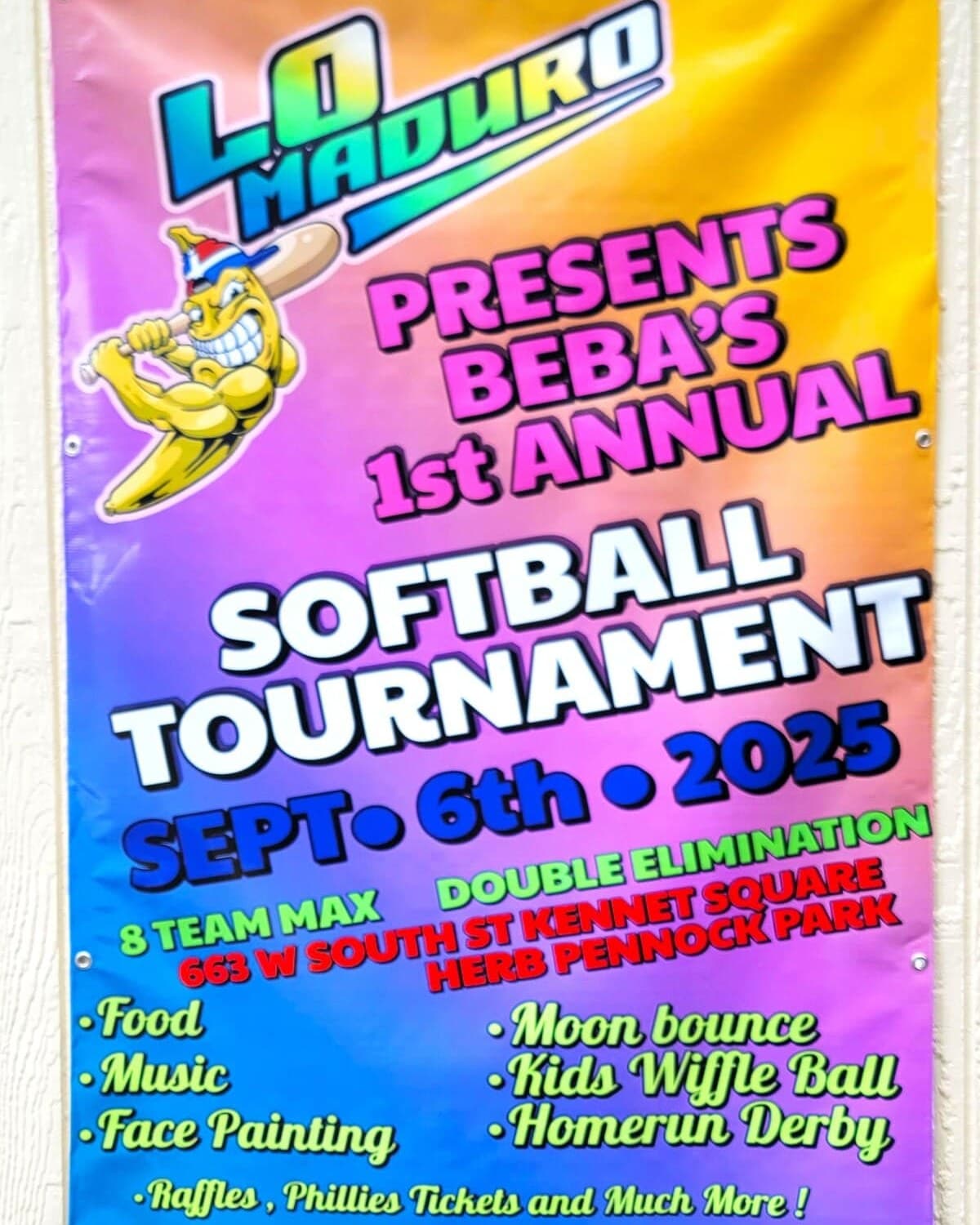 Full-color vinyl softball tournament banner for the Lo Maduro fundraiser, printed by Print Habit in Coatesville, PA