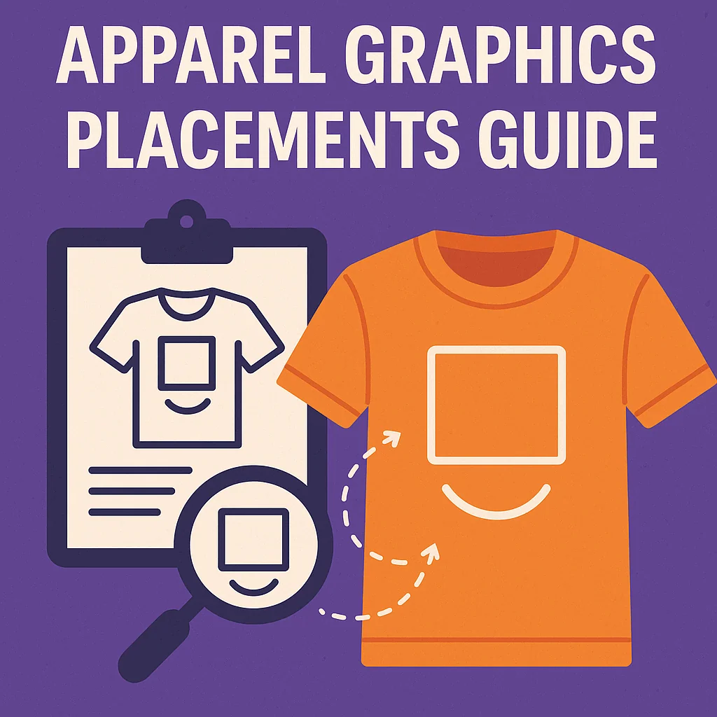 Apparel graphics placement guide graphic showing clipart of apparel and placement chart