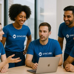 a group of people looking at a computer wearing blue custom DTF printed t-shirts with the same logo in white
