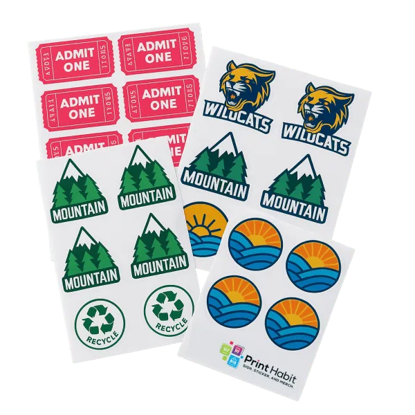 several stickers with logos and words on a sticker sheets