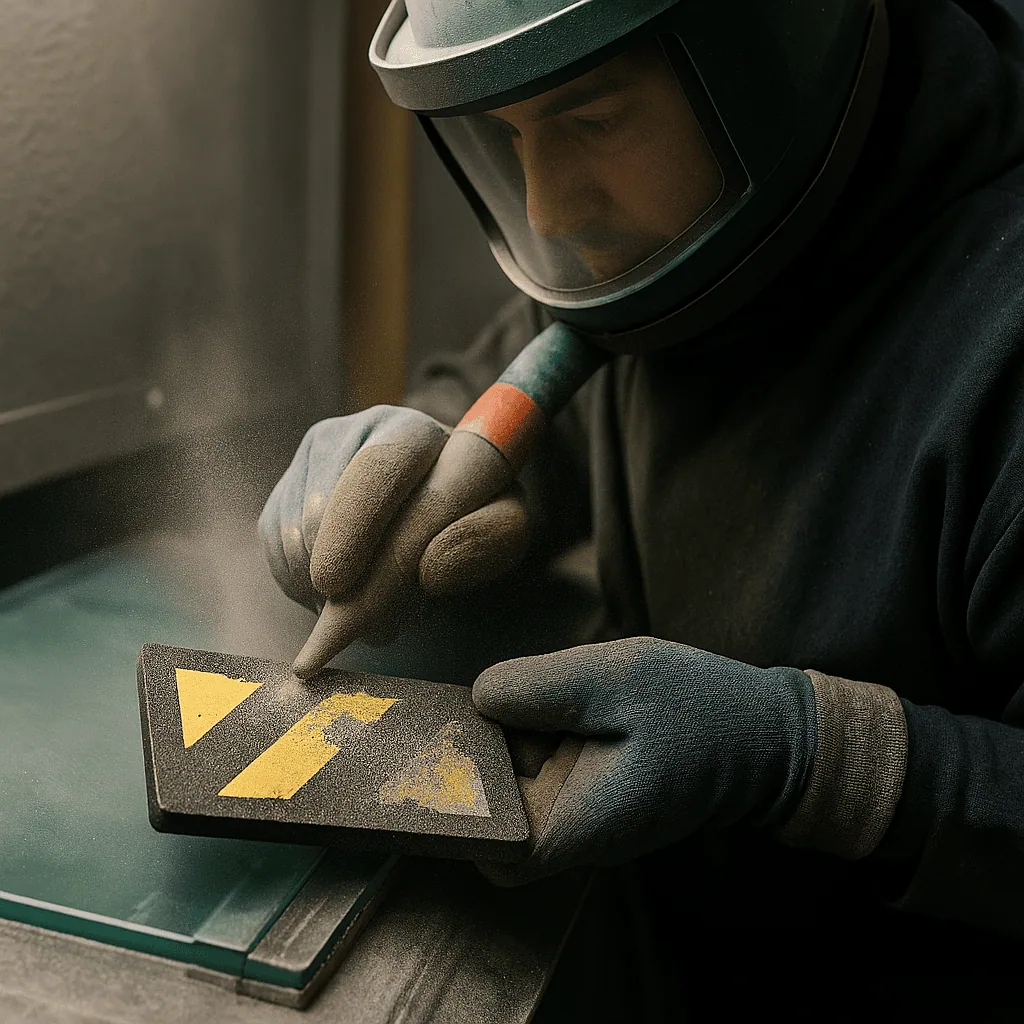 Industrial sandblasting image with person in sandblast suit working
