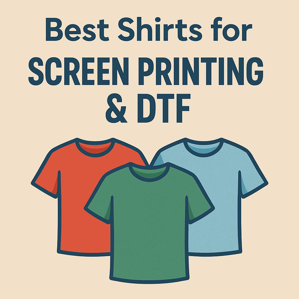 image text saying Best Shirts For Screen PRinting & DTF with clip art of t-shirts