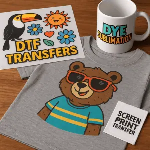 Custom heat transfers examples including a DTF gang sheet, screen print transfer swatch, sublimated mug, and a gray T-shirt with a colorful bear graphic—all displayed on a wooden surface to highlight transfer quality and versatility.