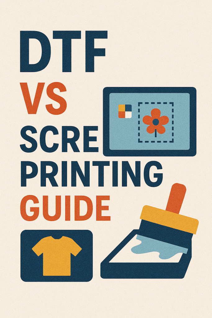 image that says DTV VS Screen Printing Guide with clipart of screen printing tools.