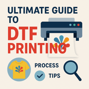 Image that says Ultimate Guide to DTF Printing with a clip art of a t-shirt