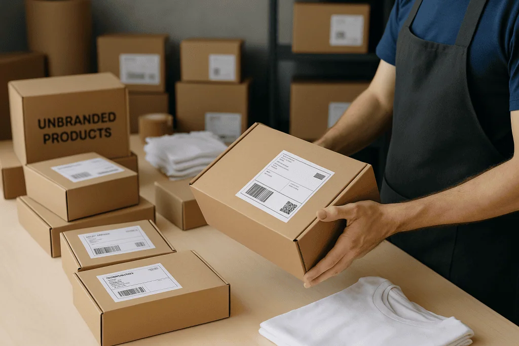 image of a person holding a custom printed box with a white label shipping tag