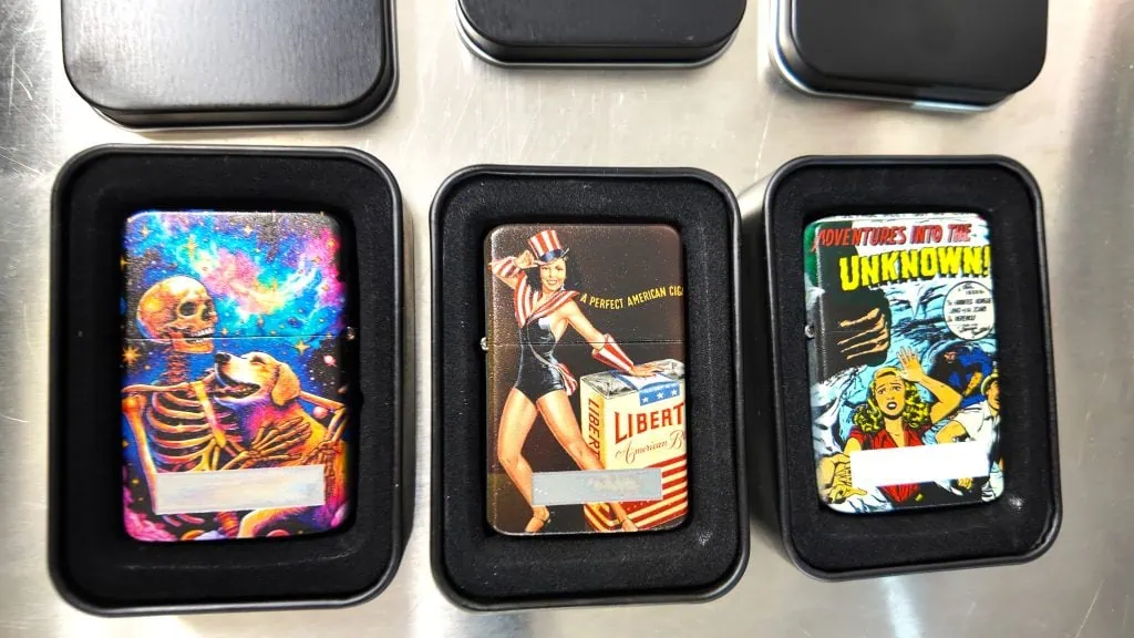 a collection of UV custom printed wind resistant lighters