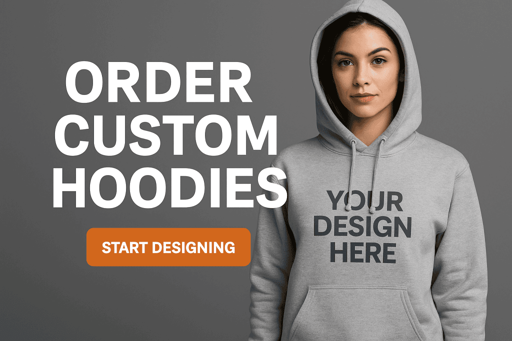 Order Custom Hoodies Online infographic with a woman wearing a grey custom hoodie