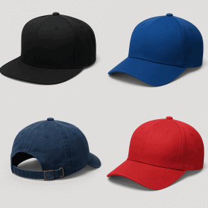 Collage of baseball hats and caps including snapbacks, fitted caps, strapbacks, and dad caps in various colors and styles