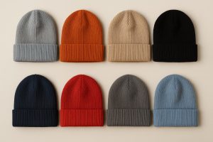 Collage of beanie hats including cuffed, slouchy, and pom-pom styles in wool and knit materials in multiple colors