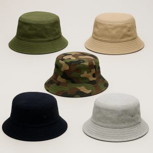 Collage of bucket hats in cotton, denim, and patterned styles including floral and tie-dye designs for men and women.