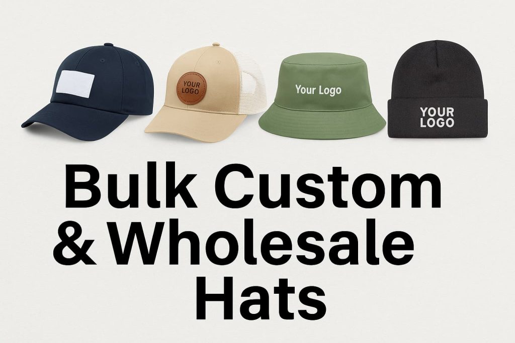 Bulk custom and wholesale hats including a baseball cap, Richardson trucker hat, green bucket hat, and black beanie with logo customization options.