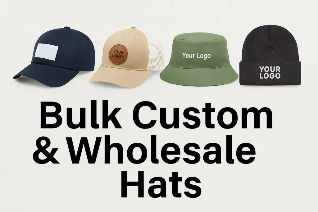 Bulk custom and wholesale hats including a baseball cap, Richardson trucker hat, green bucket hat, and black beanie with logo customization options.