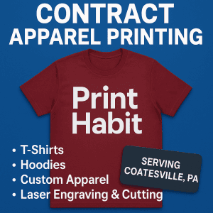 Image of a custom t-shirt with print habit on the front. The image has the text contract apparel printing