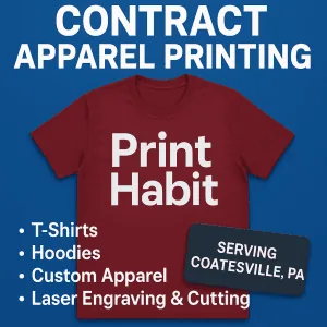 Image of a custom t-shirt with print habit on the front. The image has the text contract apparel printing