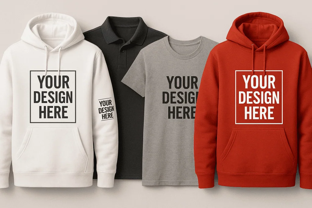 a group of printed custom apparel sweatshirts with text on them