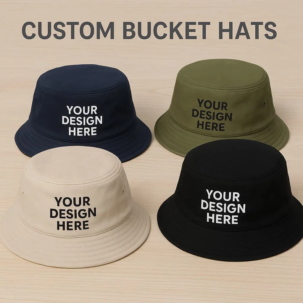 Custom bucket hats in navy, green, beige, and black with blank areas for personalized logos or designs.