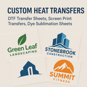 custom heat transfers image showing collection of DSTF, Screen Print, and Dye Sublimation Transfers