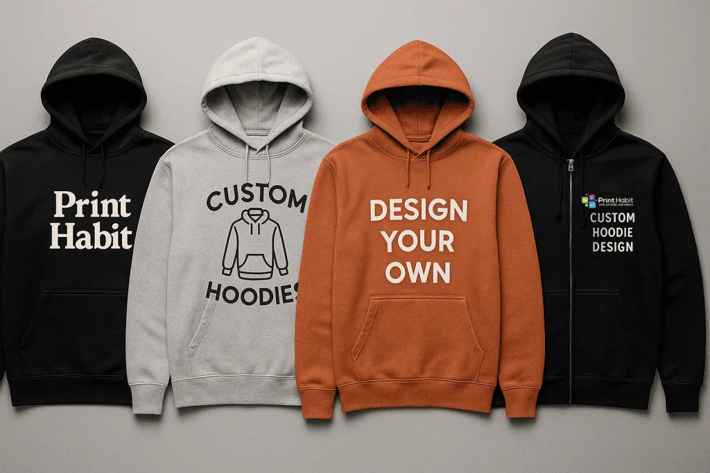custom hoodies image with 4 customized hoodies in different colors and styles.