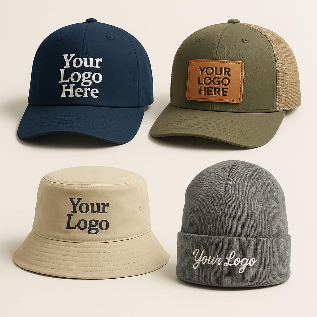 Collage of custom personalized hats including baseball caps, trucker hats, bucket hats, beanies, and flat caps with blank spaces for names, initials, or logos.
