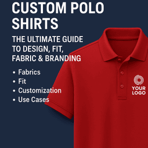 custom polo shirts infographic with a custom red polo