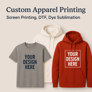 Custom Apparel Printing Graphic showing a collection of hoodies, t-shirt, custom decorated.