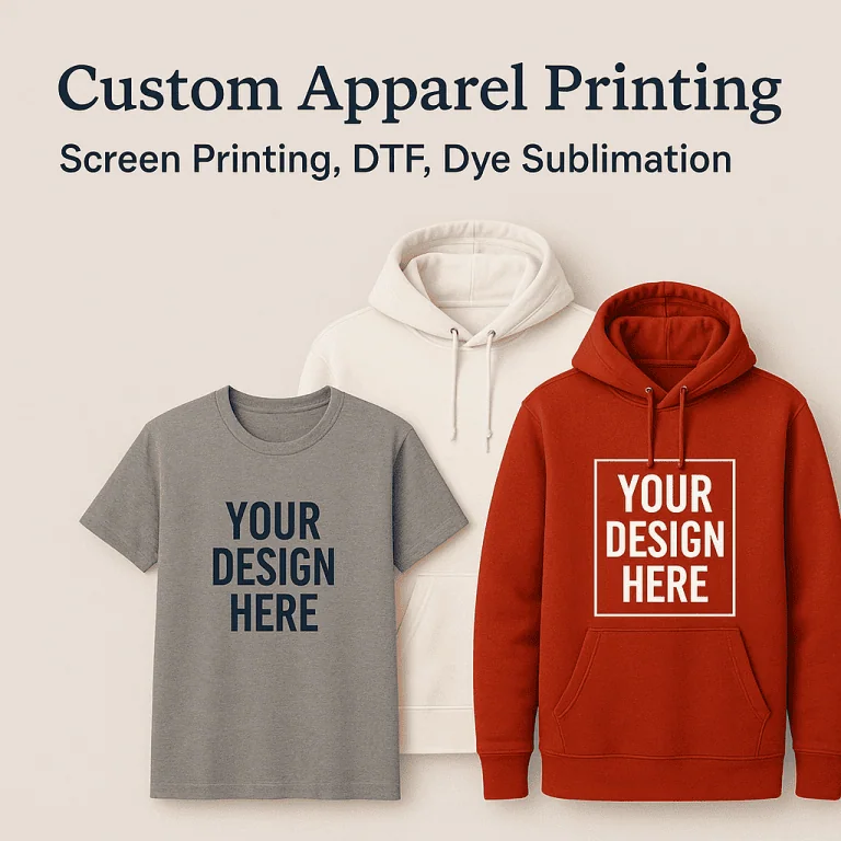 Custom Apparel Printing Graphic showing a collection of hoodies, t-shirt, custom decorated.