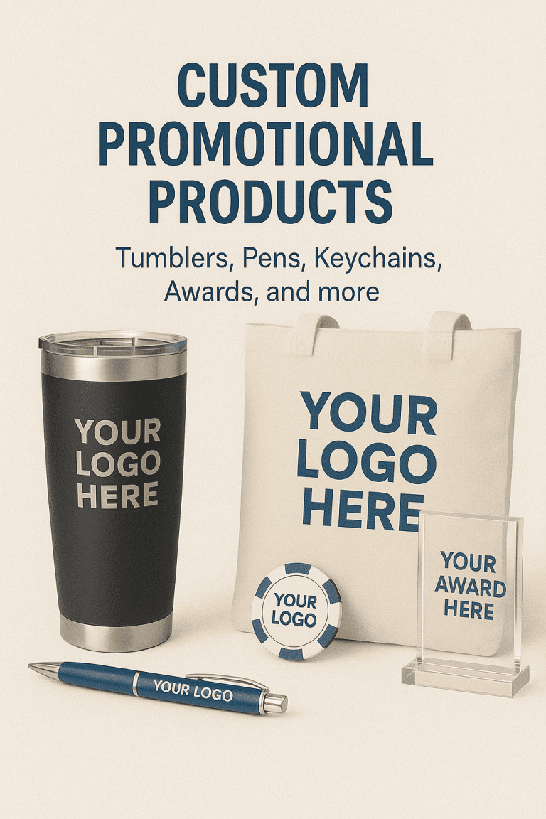 custom promotional products including tumbler, tot bag, award and custom poker chip