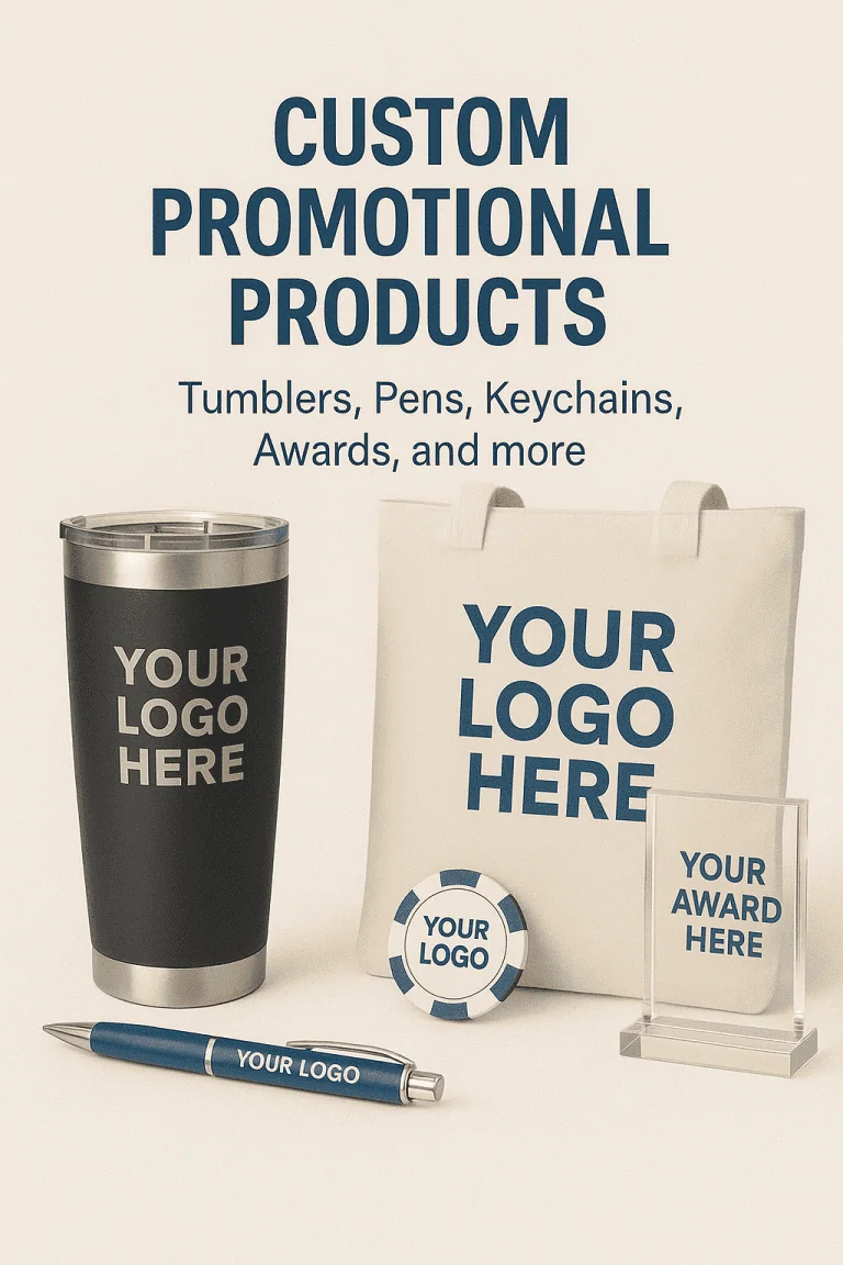 custom promotional products including tumbler, tot bag, award and custom poker chip